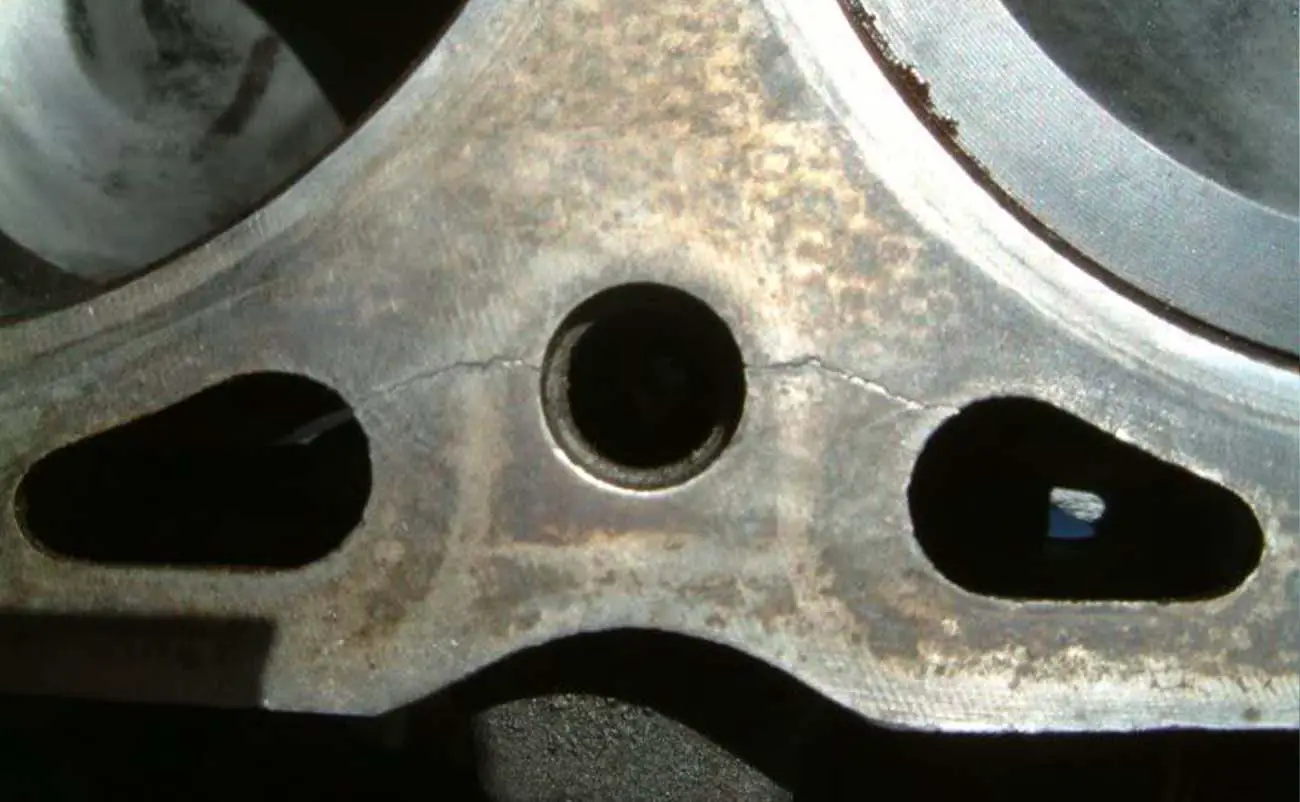 closeup of cracked engine block