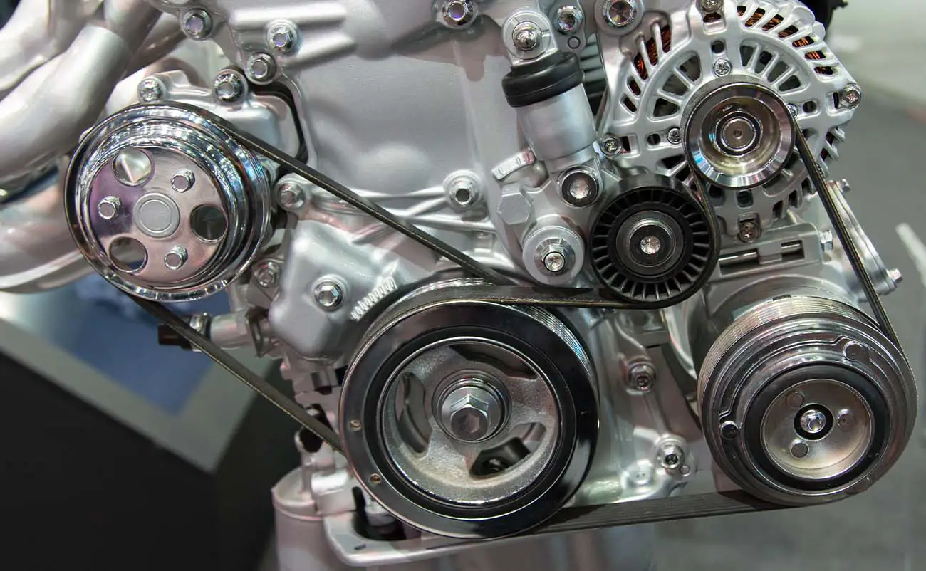 closeup of serpentine belt on modern car engine