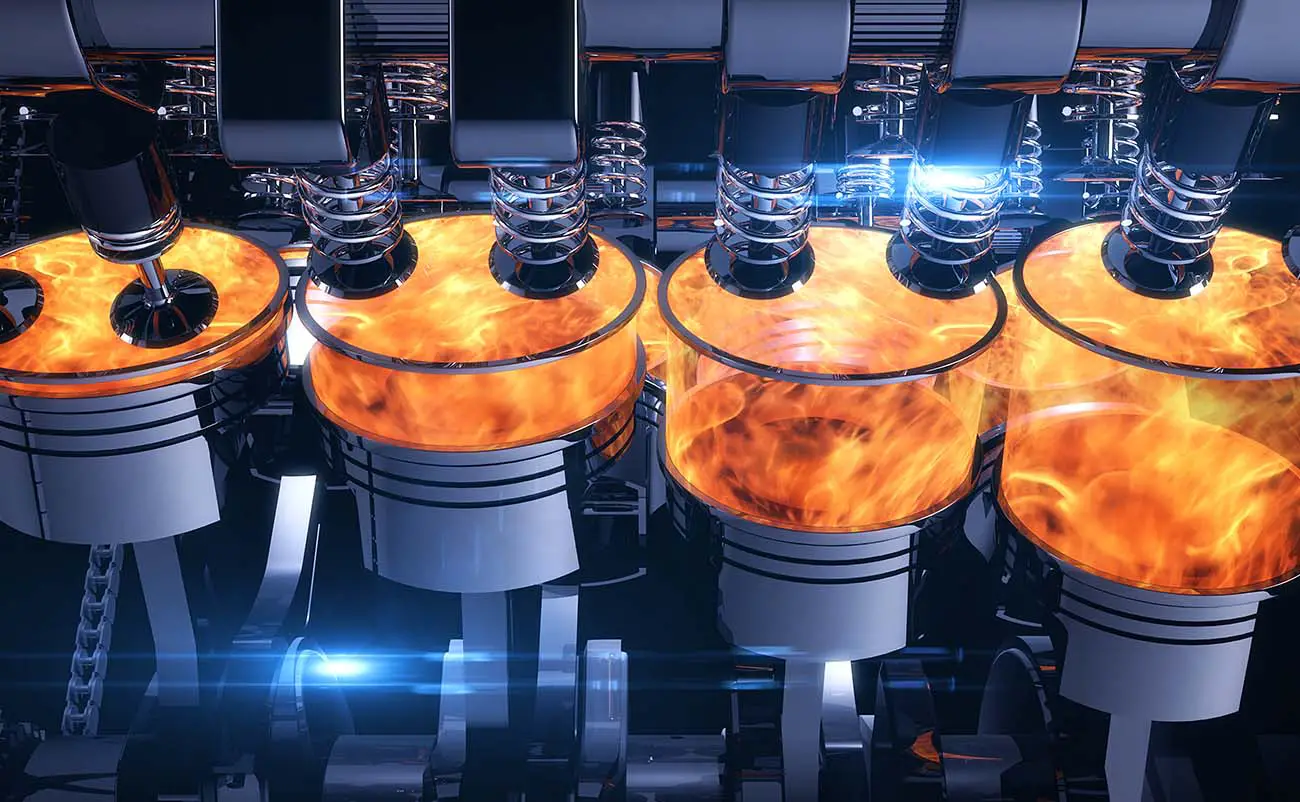 fuel injected v8 engine render with multiple cylinder explosions happening simultaneously