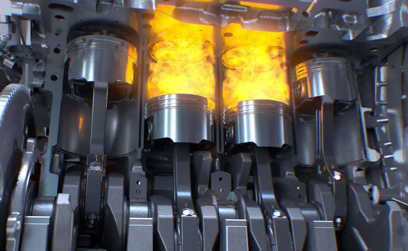 3d rendering of engine piston combusting inside cylinder wall creating explosions