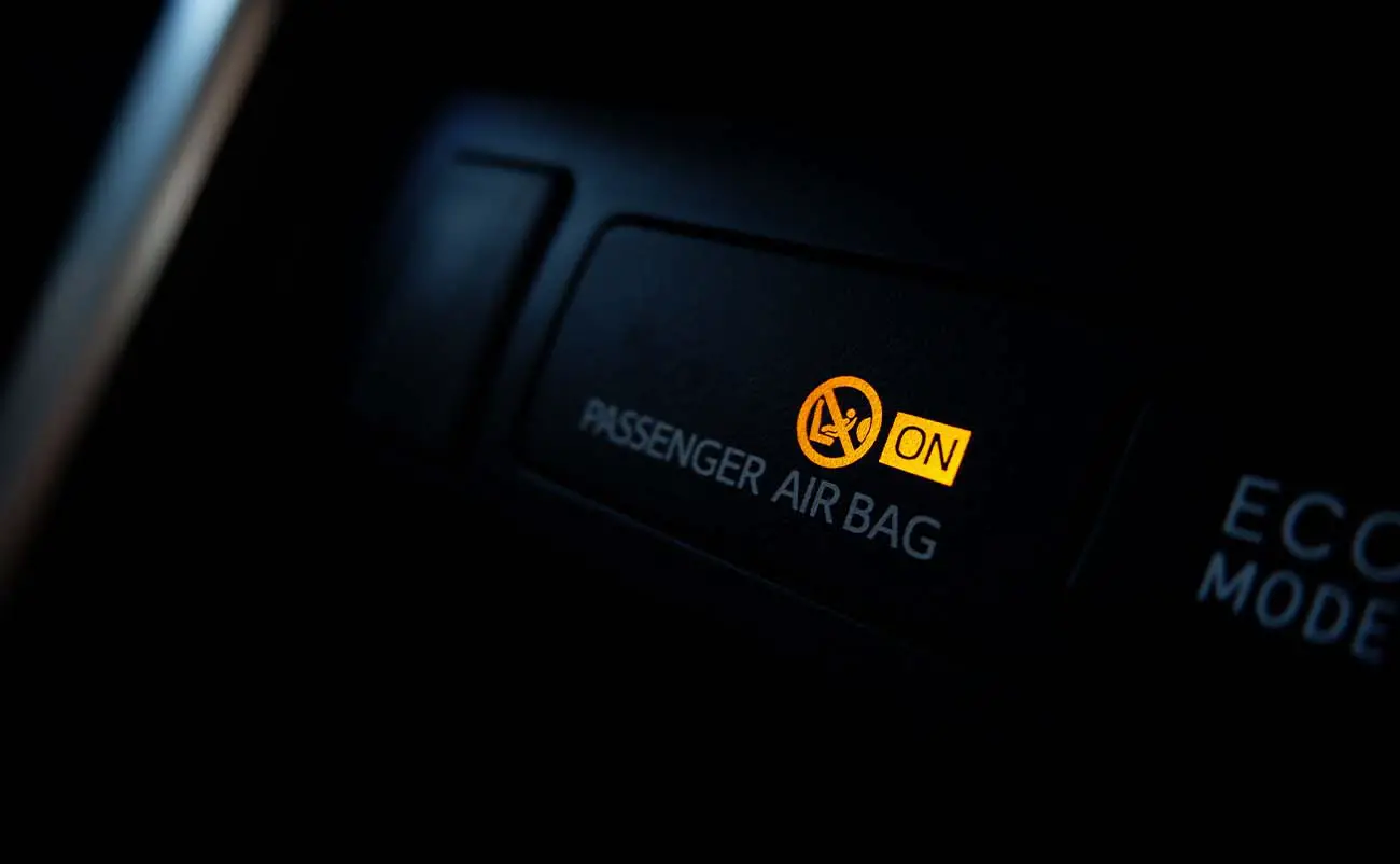 closeup interior view of car passenger air bag system light turned on